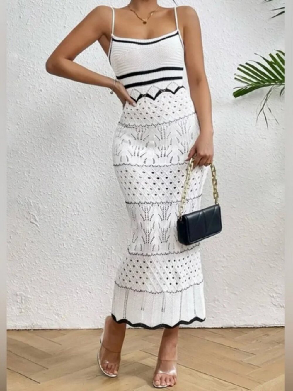 White Pointelle Knit Sheath Dress - Picture 3 of 9